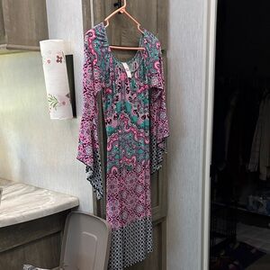 Vibrant Pink and Green Long Sleeve Dress